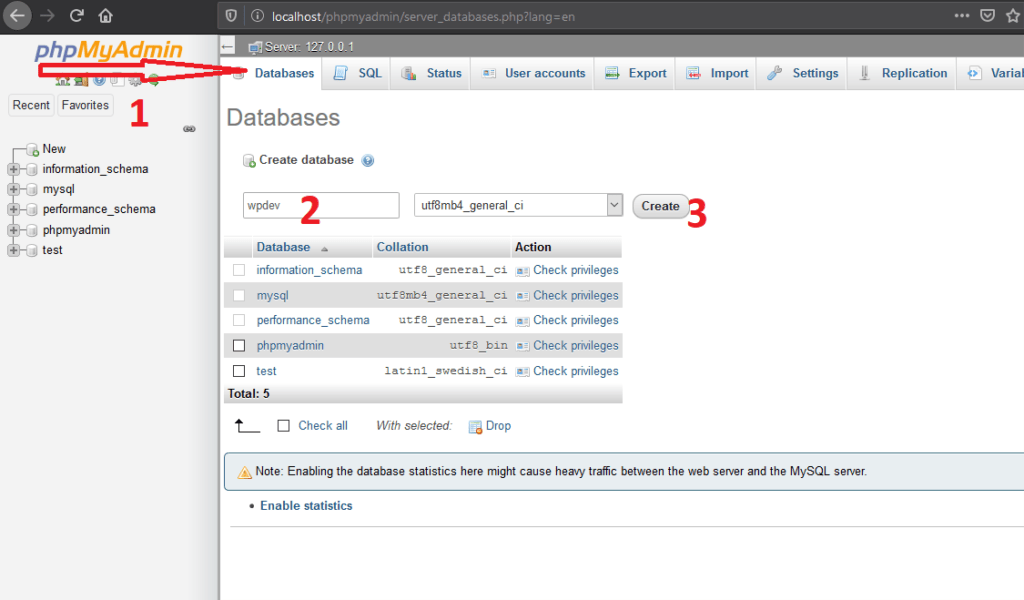 creat new database How to Install Wordpress on localhost with XAMPP